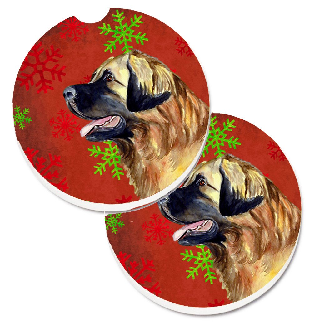 Leonberger Red and Green Snowflakes Holiday Christmas Set of 2 Cup Holder Car Coasters LH9348CARC by Caroline&#39;s Treasures
