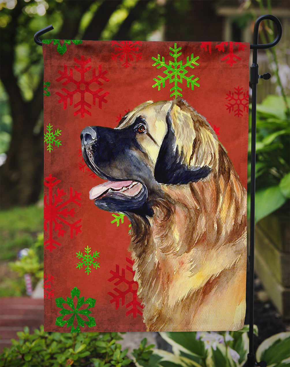 Leonberger Red and Green Snowflakes Holiday Christmas Flag Garden Size