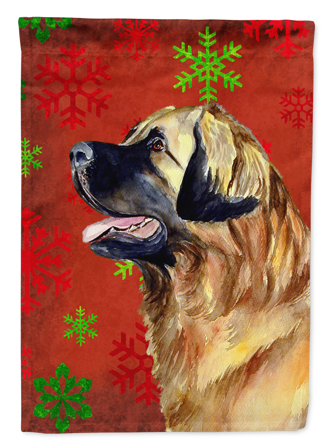 Leonberger Red and Green Snowflakes Holiday Christmas Flag Garden Size.