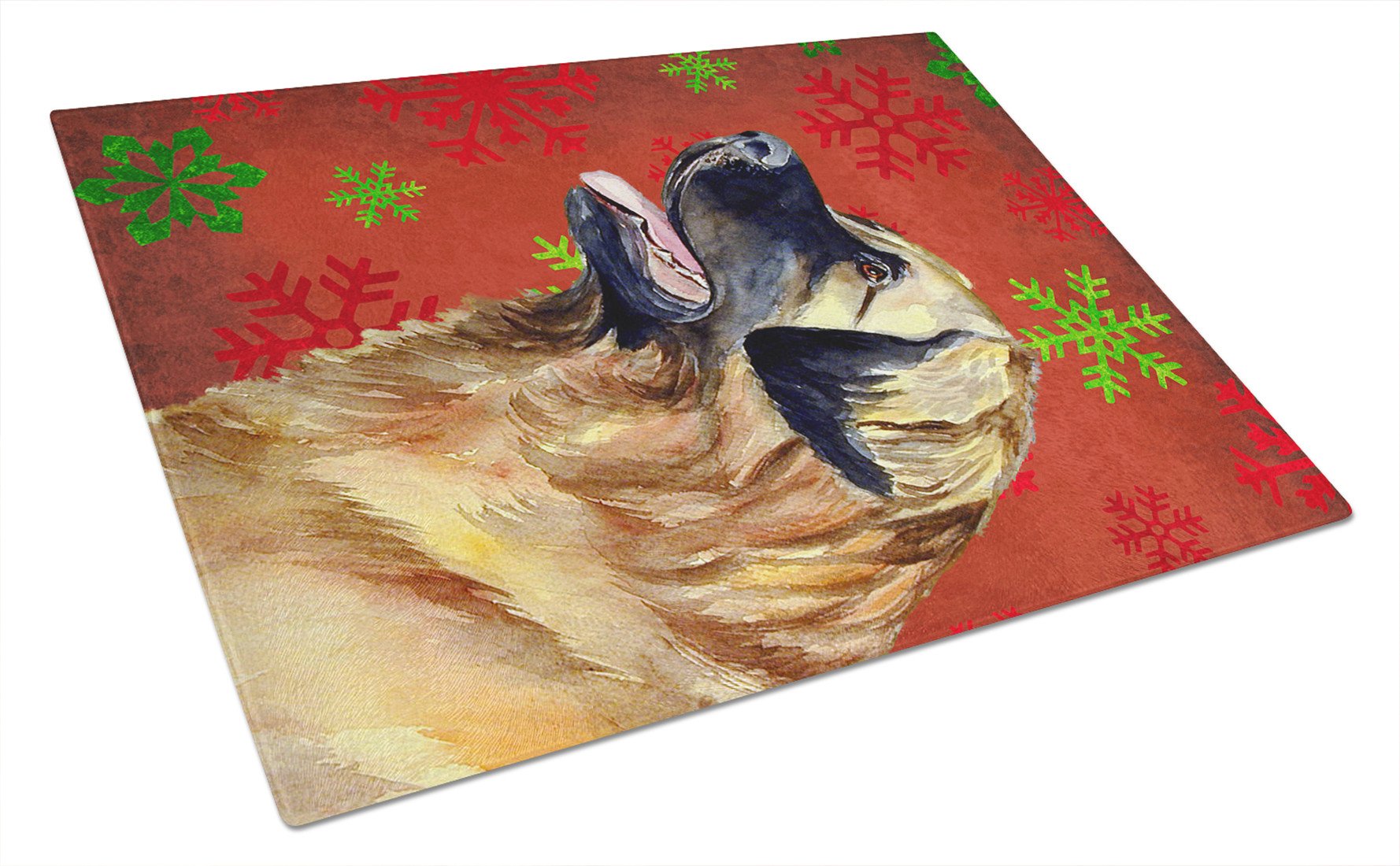 Leonberger Red and Green Snowflakes Holiday Christmas Glass Cutting Board Large by Caroline's Treasures