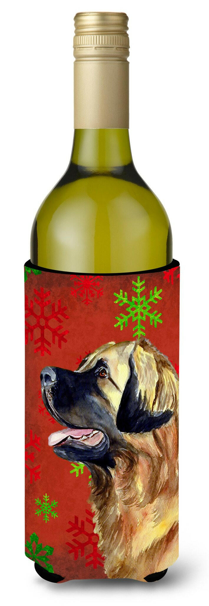 Leonberger Red and Green Snowflakes Holiday Christmas Wine Bottle Beverage Insulator Beverage Insulator Hugger by Caroline&#39;s Treasures