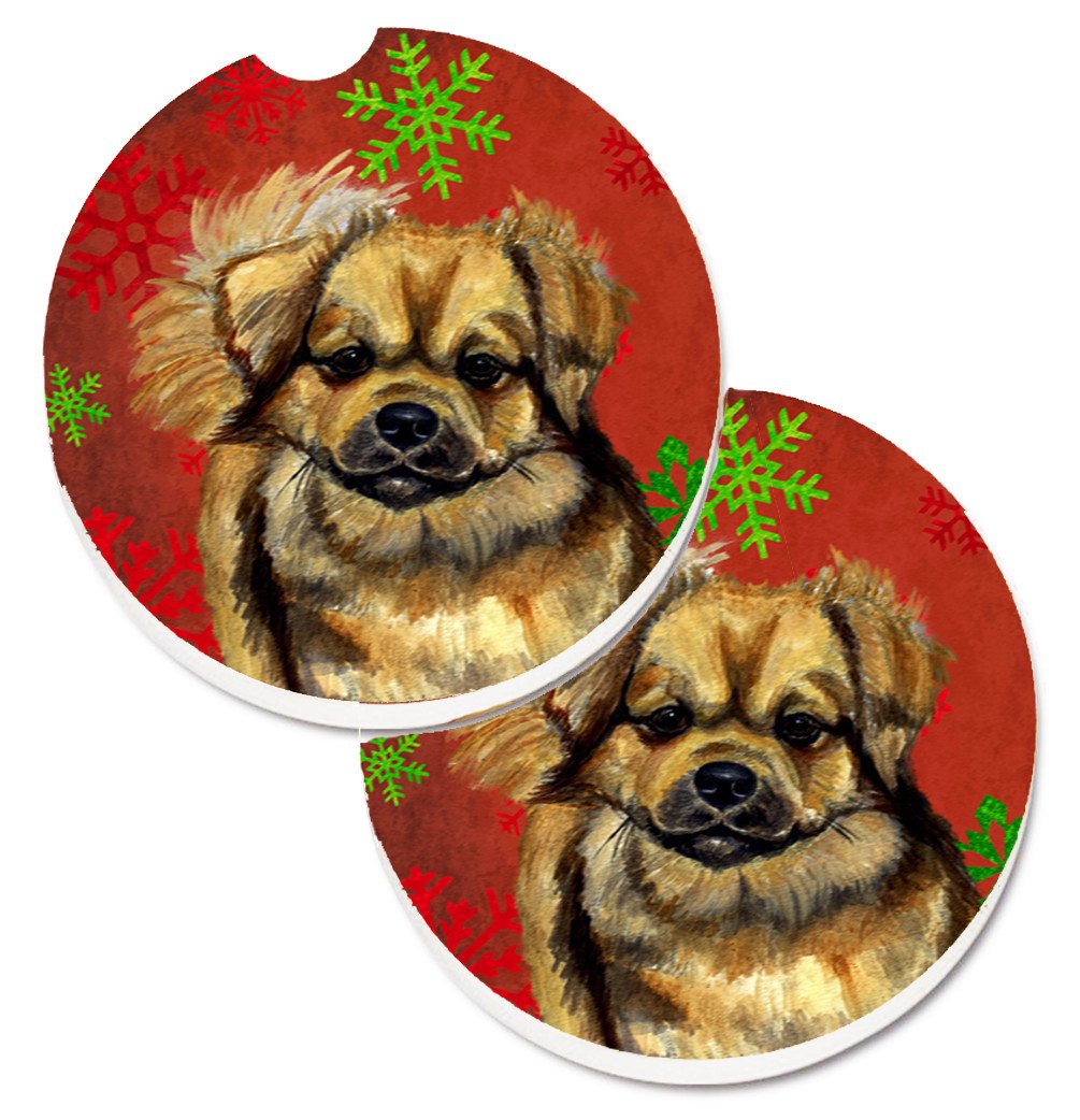 Tibetan Spaniel Red Green Snowflake Holiday Christmas Set of 2 Cup Holder Car Coasters LH9349CARC by Caroline&#39;s Treasures