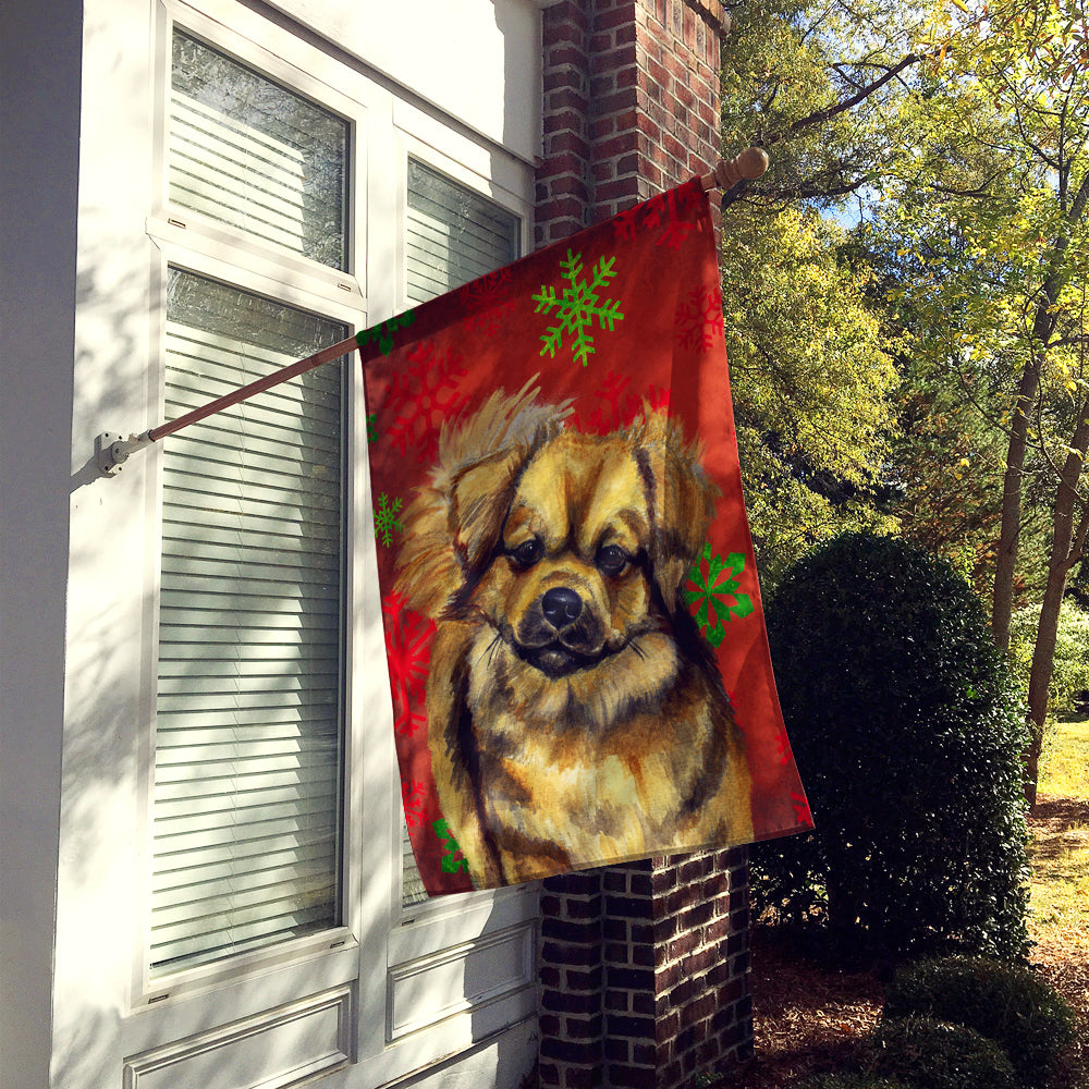Tibetan Spaniel Red Green Snowflakes Holiday Christmas Flag Canvas House Size  the-store.com.