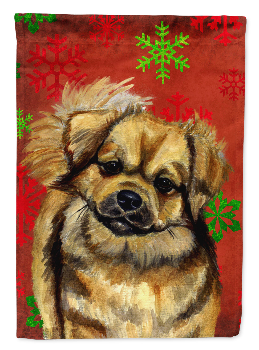 Tibetan Spaniel Red Green Snowflakes Holiday Christmas Flag Canvas House Size  the-store.com.