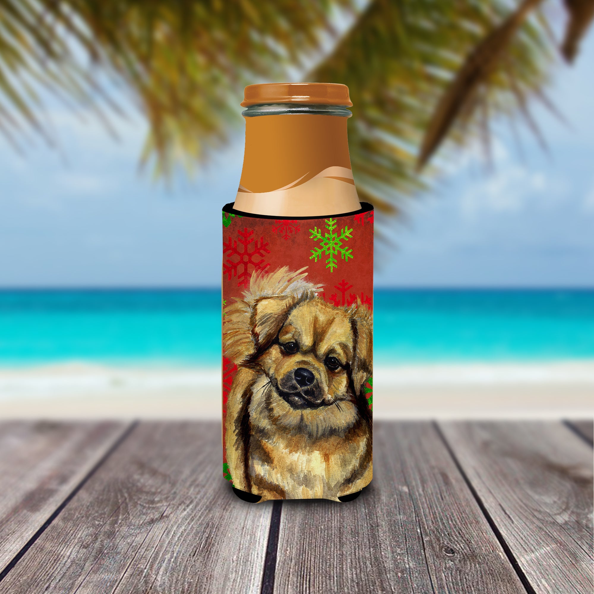 Tibetan Spaniel Red Green Snowflake Holiday Christmas Ultra Beverage Insulators for slim cans LH9349MUK.