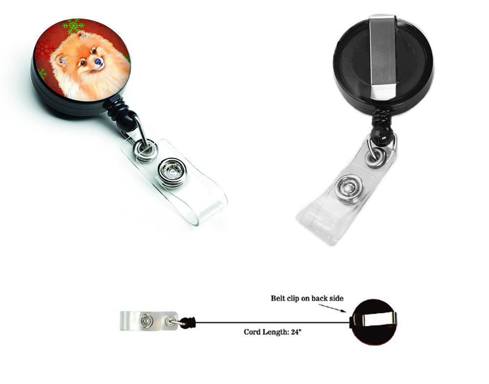 Pomeranian Red and Green Snowflakes Holiday Christmas Retractable Badge Reel LH9350BR  the-store.com.