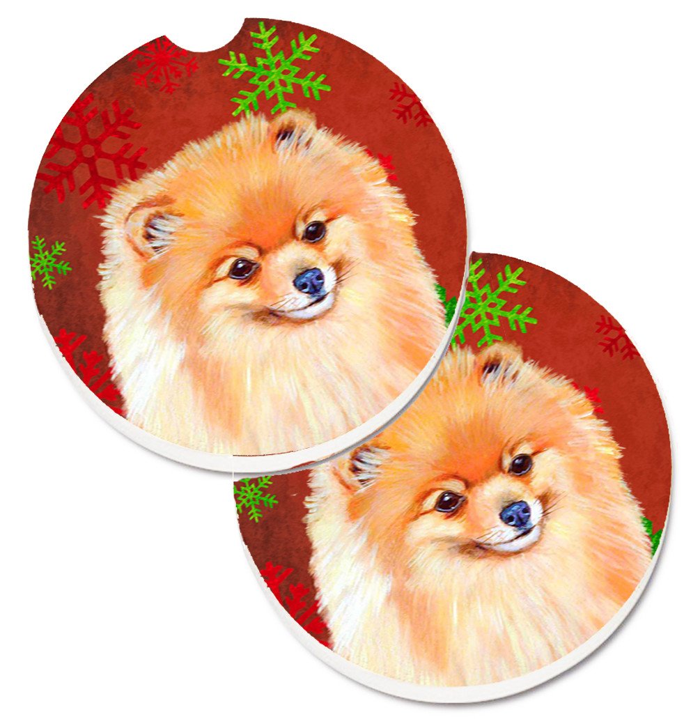 Pomeranian Red and Green Snowflakes Holiday Christmas Set of 2 Cup Holder Car Coasters LH9350CARC by Caroline&#39;s Treasures