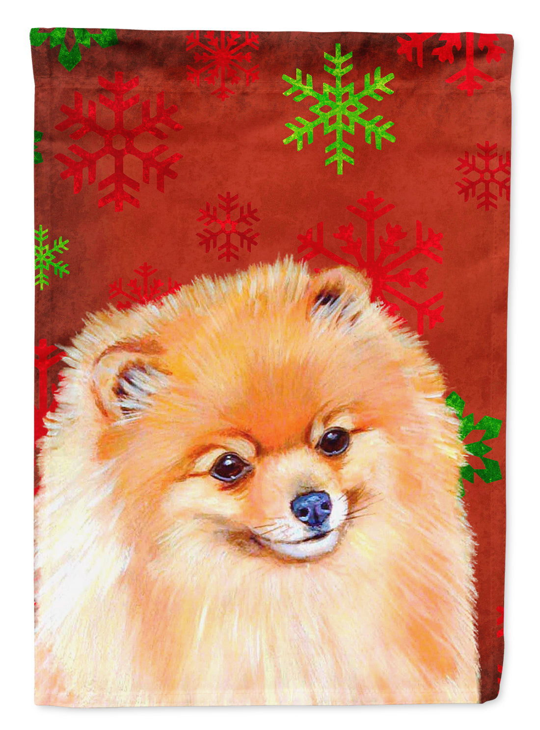 Pomeranian Red and Green Snowflakes Holiday Christmas Flag Canvas House Size