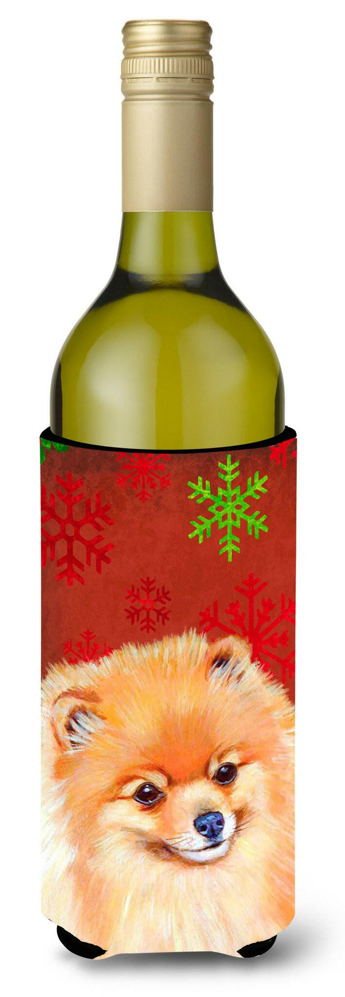 Pomeranian Red and Green Snowflakes Holiday Christmas Wine Bottle Beverage Insulator Beverage Insulator Hugger by Caroline's Treasures
