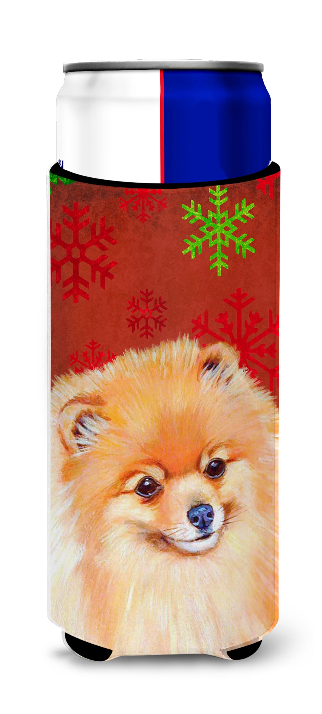 Pomeranian Red and Green Snowflakes Holiday Christmas Ultra Beverage Insulators for slim cans LH9350MUK.