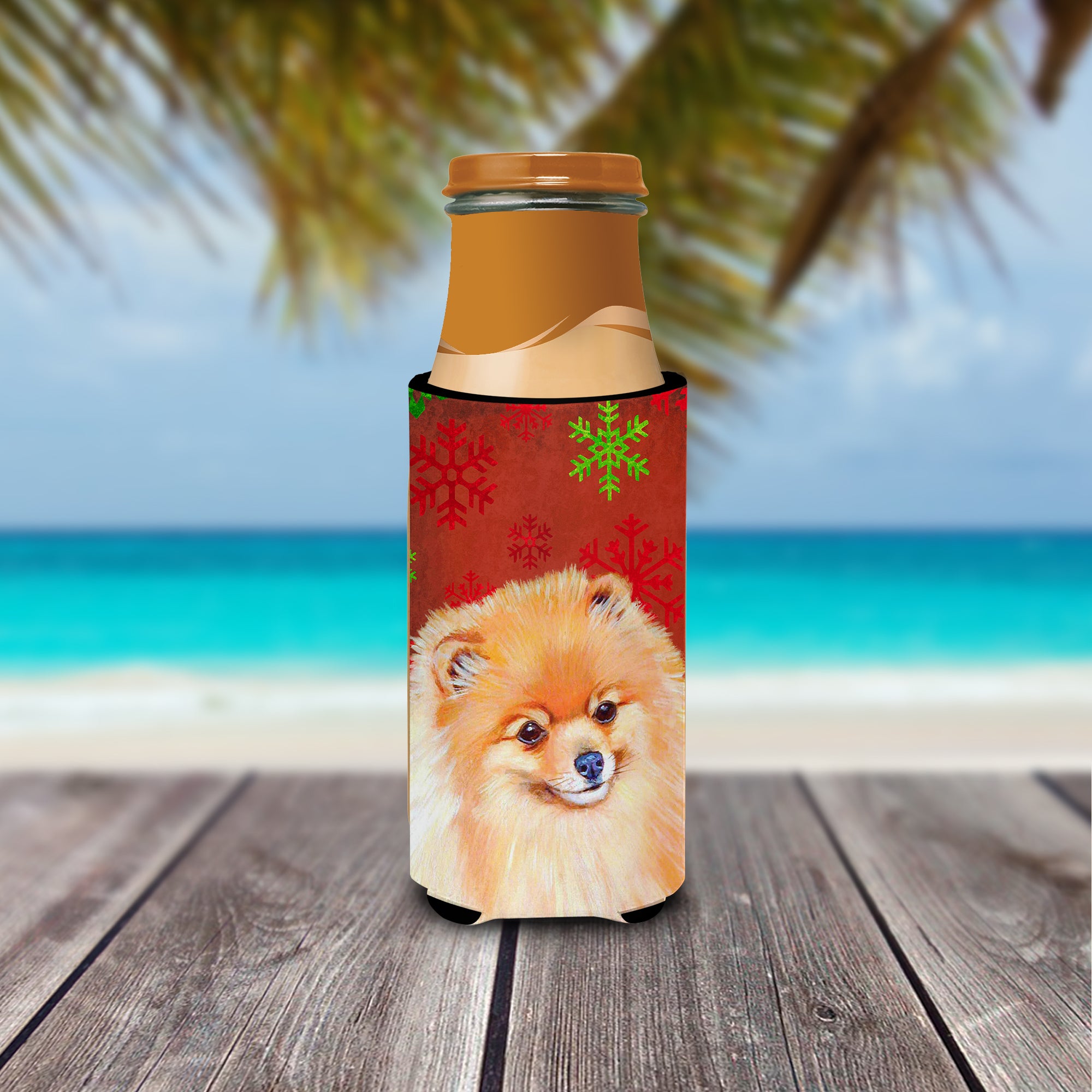 Pomeranian Red and Green Snowflakes Holiday Christmas Ultra Beverage Insulators for slim cans LH9350MUK.