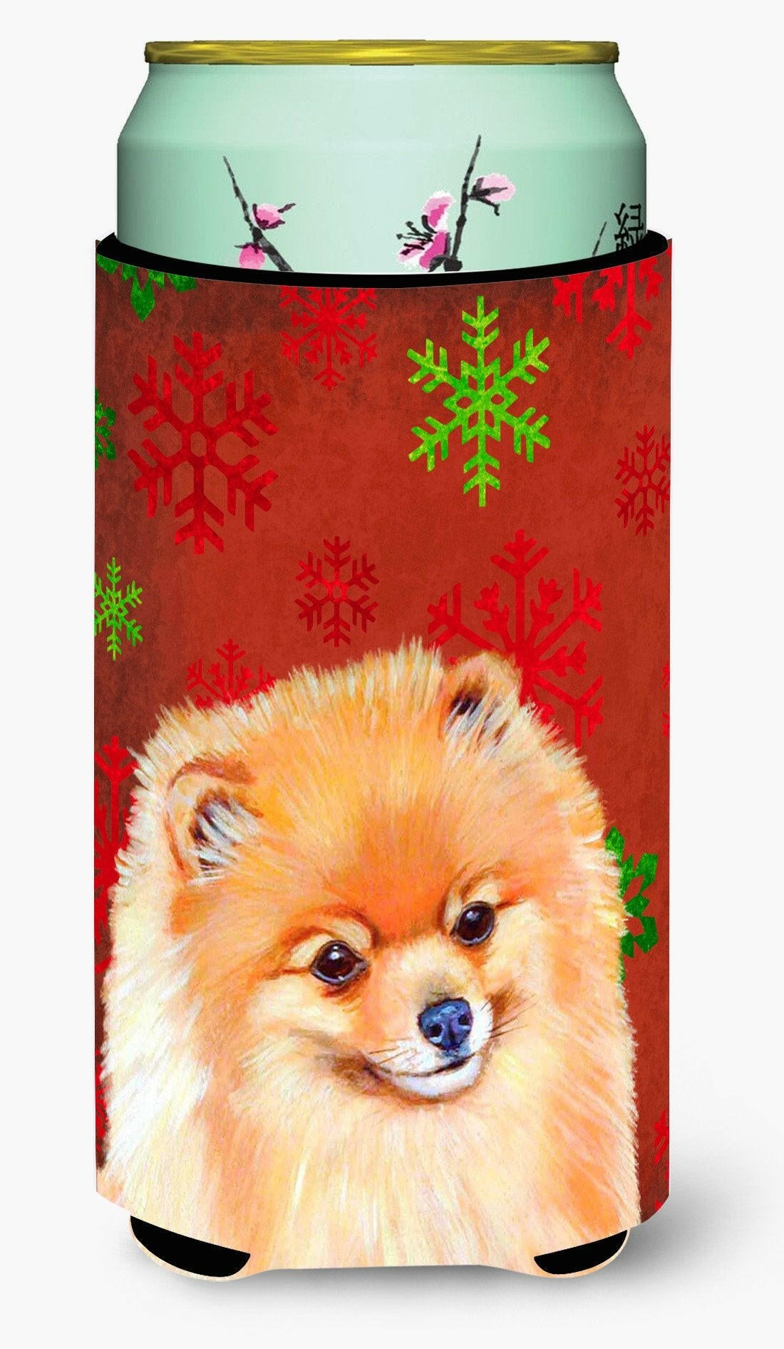 Pomeranian Red and Green Snowflakes Holiday Christmas  Tall Boy Beverage Insulator Beverage Insulator Hugger by Caroline&#39;s Treasures