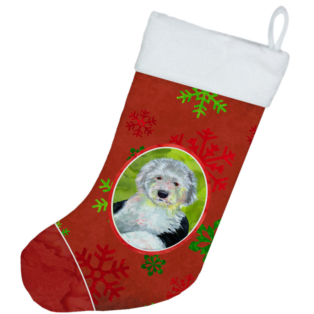 Old English Sheepdog Red Green Snowflakes Holiday Christmas  Stocking  the-store.com.