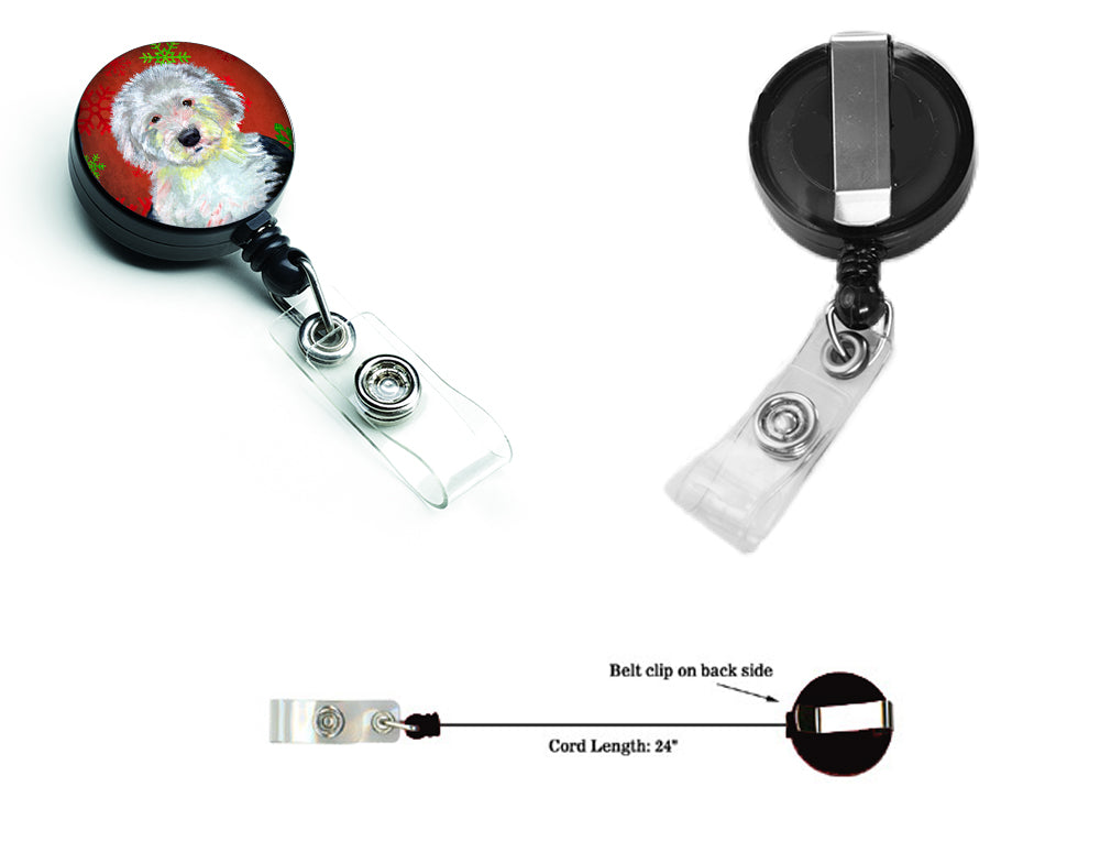 Old English Sheepdog Red  Green Snowflakes Holiday Christmas Retractable Badge Reel LH9351BR  the-store.com.