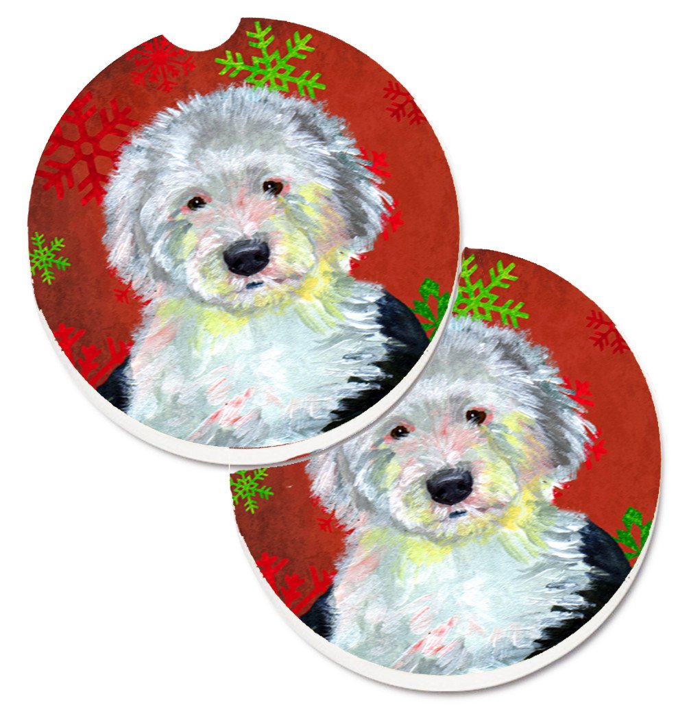 Old English Sheepdog Red  Green Snowflakes Holiday Christmas Set of 2 Cup Holder Car Coasters LH9351CARC by Caroline&#39;s Treasures
