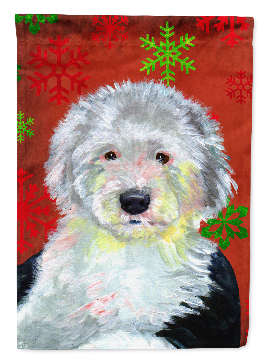 Vieux chien de berger anglais rouge vert flocons de neige vacances drapeau de Noël taille du jardin