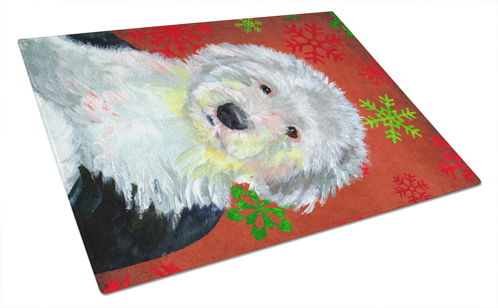 Old English Sheepdog Red Snowflakes Christmas Glass Cutting Board Large by Caroline's Treasures