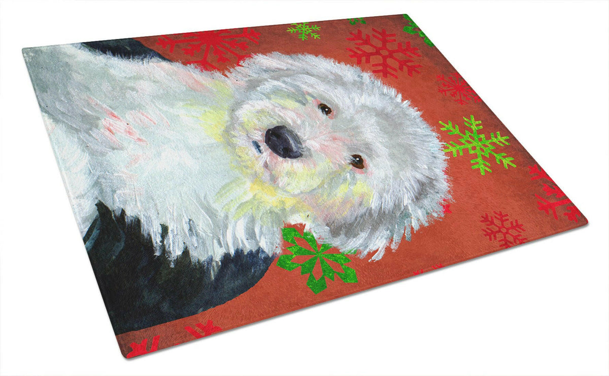 Old English Sheepdog Red Snowflakes Christmas Glass Cutting Board Large by Caroline&#39;s Treasures