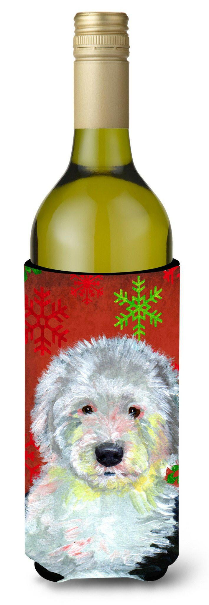 Old English Sheepdog Snowflakes Holiday Christmas Wine Bottle Beverage Insulator Beverage Insulator Hugger by Caroline's Treasures