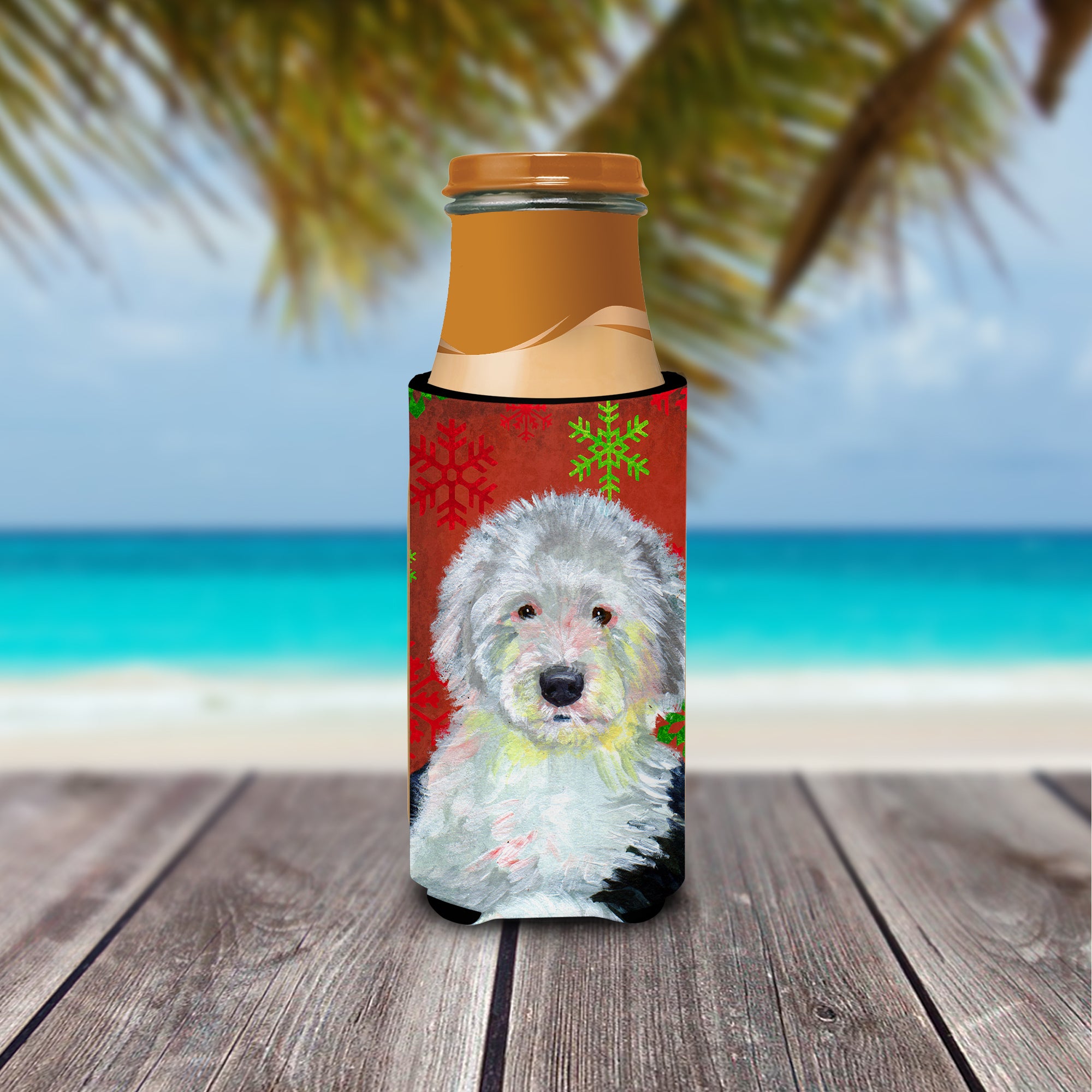 Old English Sheepdog Red  Green Snowflakes Holiday Christmas Ultra Beverage Insulators for slim cans LH9351MUK