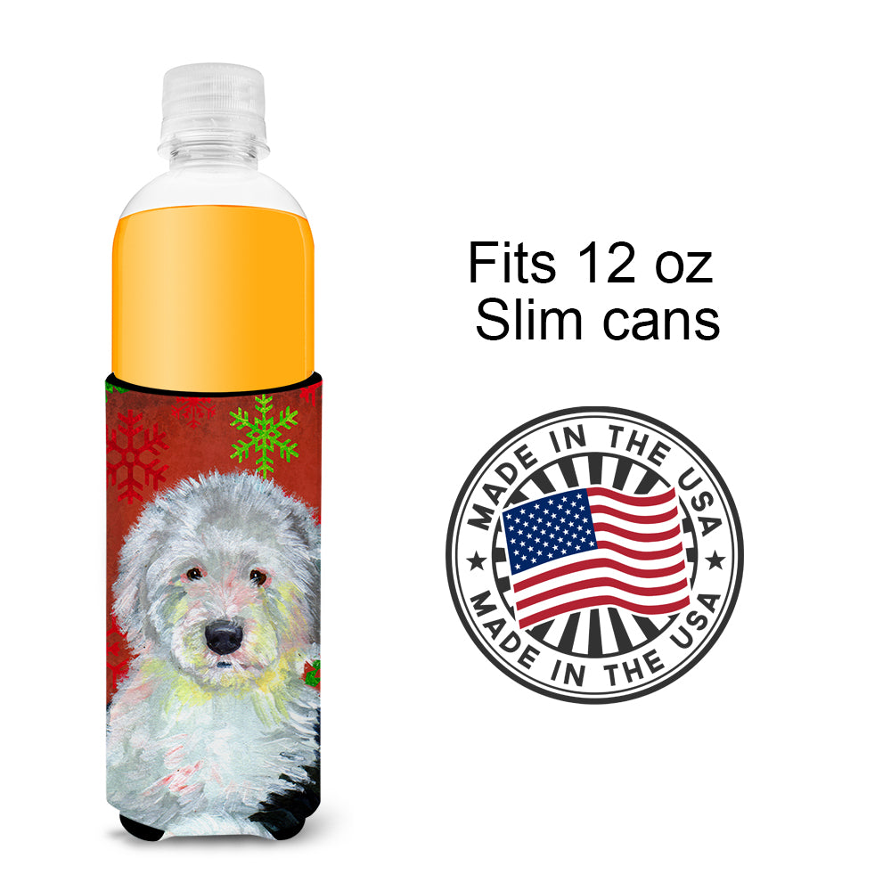 Old English Sheepdog Red  Green Snowflakes Holiday Christmas Ultra Beverage Insulators for slim cans LH9351MUK.