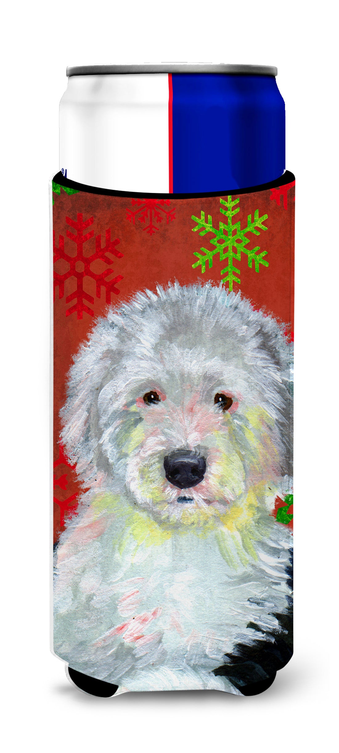 Old English Sheepdog Red  Green Snowflakes Holiday Christmas Ultra Beverage Insulators for slim cans LH9351MUK.