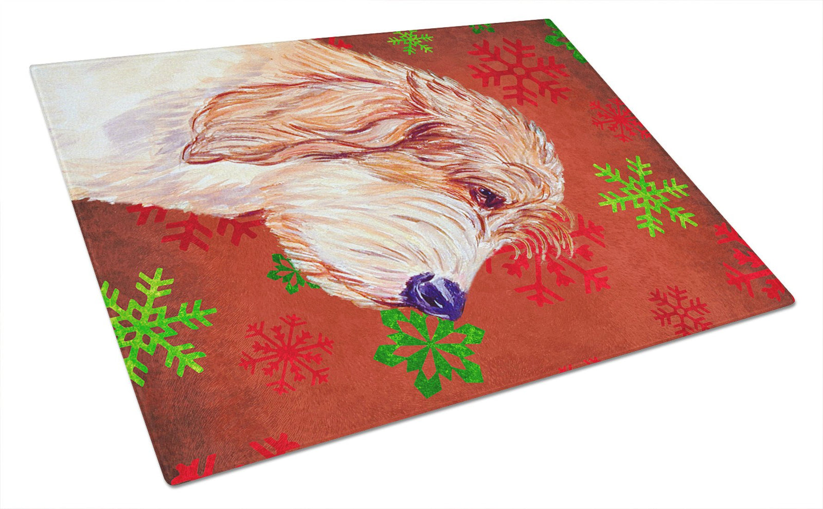 Petit Basset Griffon Vendeen Red Snowflakes Christmas Glass Cutting Board Large by Caroline's Treasures