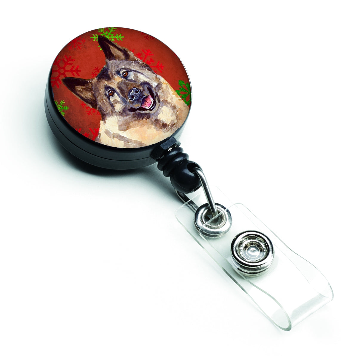 Norwegian Elkhound Red and Green Snowflakes Holiday Christmas Retractable Badge Reel LH9353BR  the-store.com.