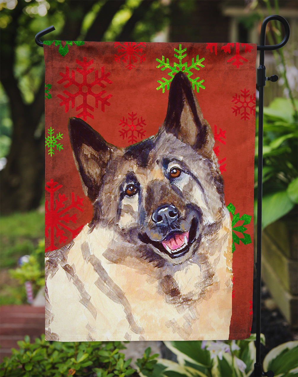 Norwegian Elkhound Red and Green Snowflakes Holiday Christmas Flag Garden Size