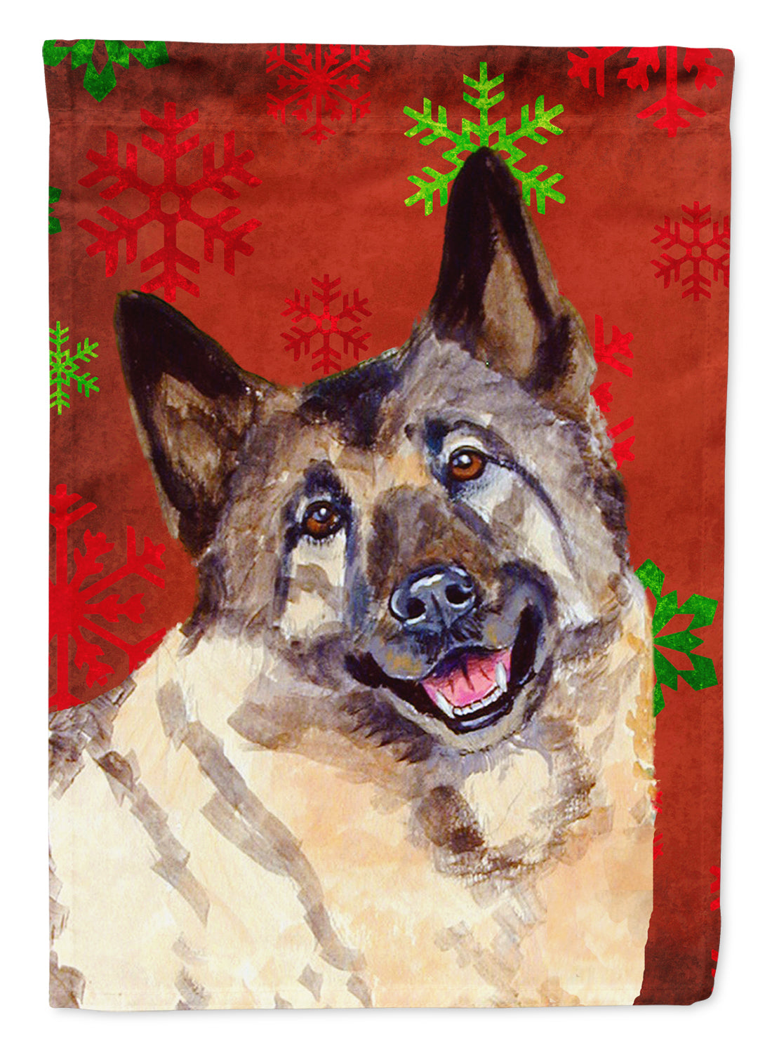 Norwegian Elkhound Red and Green Snowflakes Holiday Christmas Flag Garden Size.