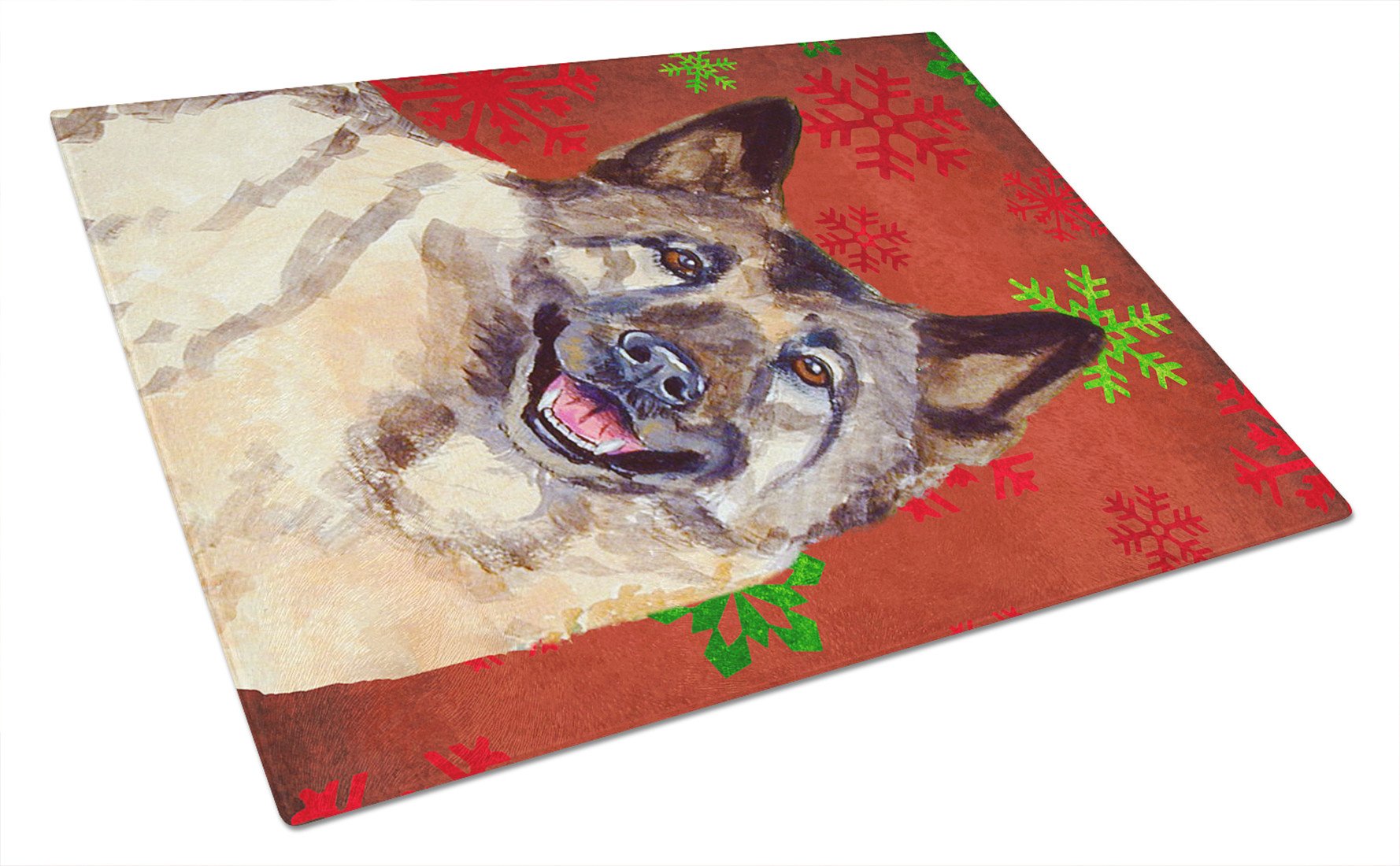 Norwegian Elkhound Red and Green Snowflakes Christmas Glass Cutting Board Large by Caroline's Treasures