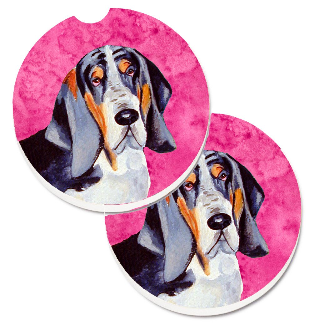 Pink Basset Hound Set of 2 Cup Holder Car Coasters LH9372PKCARC by Caroline&#39;s Treasures