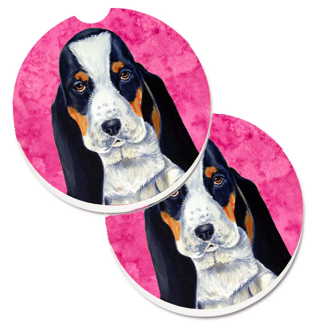 Pink Basset Hound Set of 2 Cup Holder Car Coasters LH9374PKCARC by Caroline&#39;s Treasures