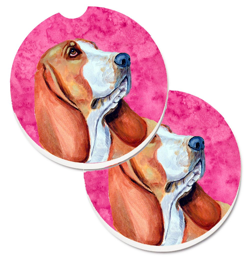 Pink Basset Hound Set of 2 Cup Holder Car Coasters LH9377PKCARC by Caroline&#39;s Treasures