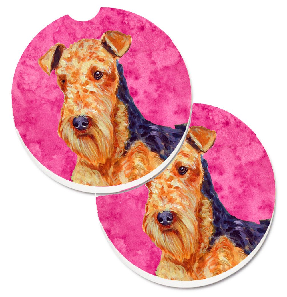 Pink Airedale Set of 2 Cup Holder Car Coasters LH9381PKCARC by Caroline's Treasures