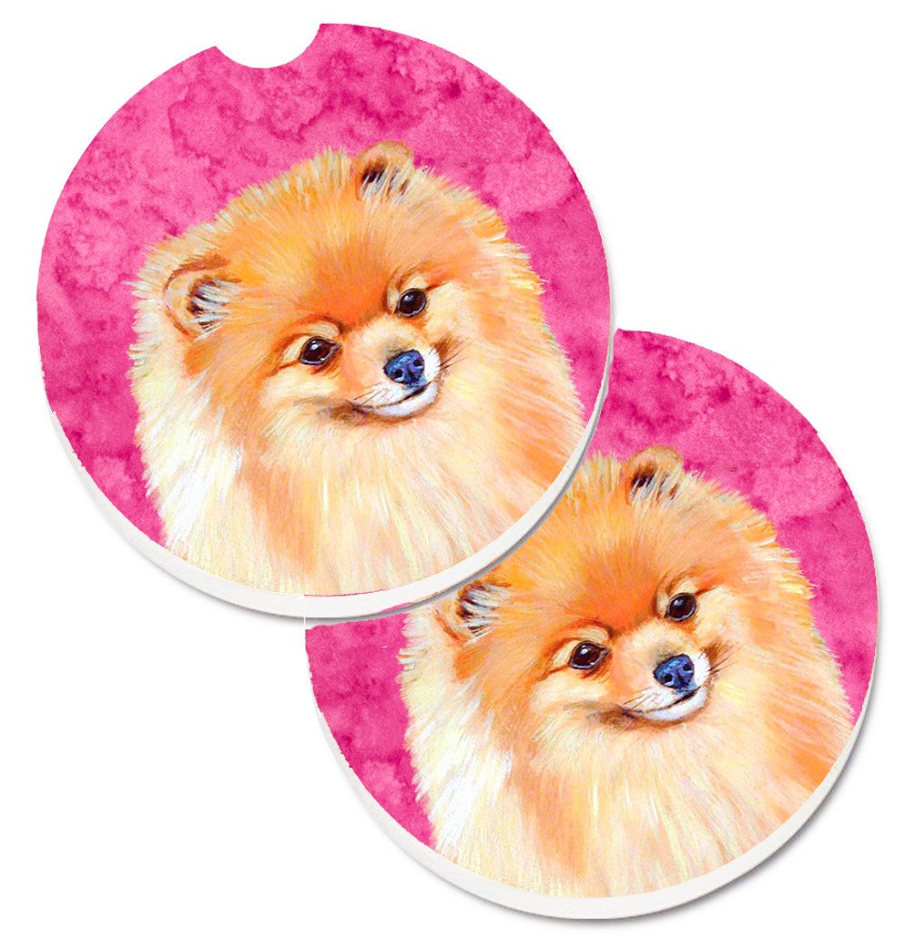 Pink Pomeranian Set of 2 Cup Holder Car Coasters LH9395PKCARC by Caroline&#39;s Treasures