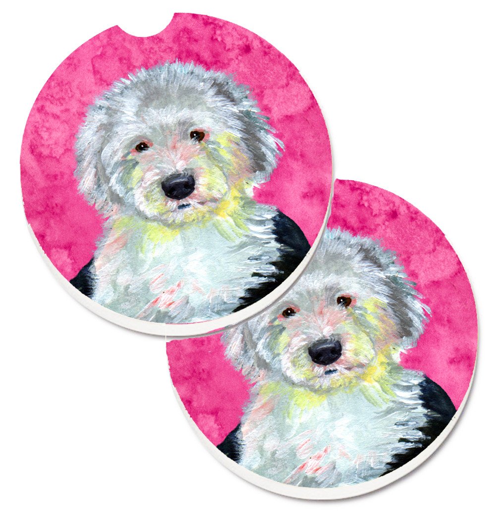 Pink Old English Sheepdog Set of 2 Cup Holder Car Coasters LH9396PKCARC by Caroline&#39;s Treasures