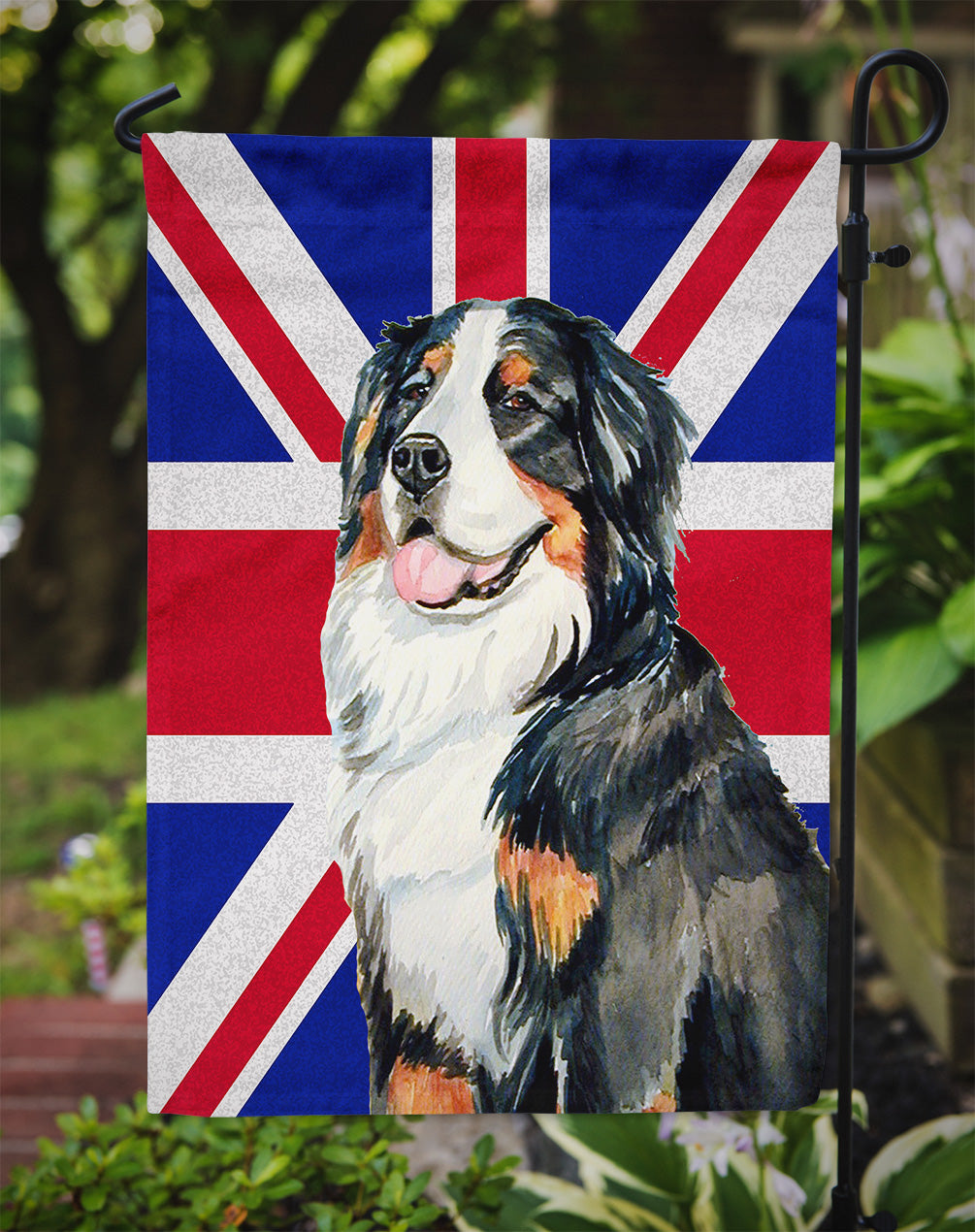 Bernese Mountain Dog with English Union Jack British Flag Flag Garden Size  the-store.com.