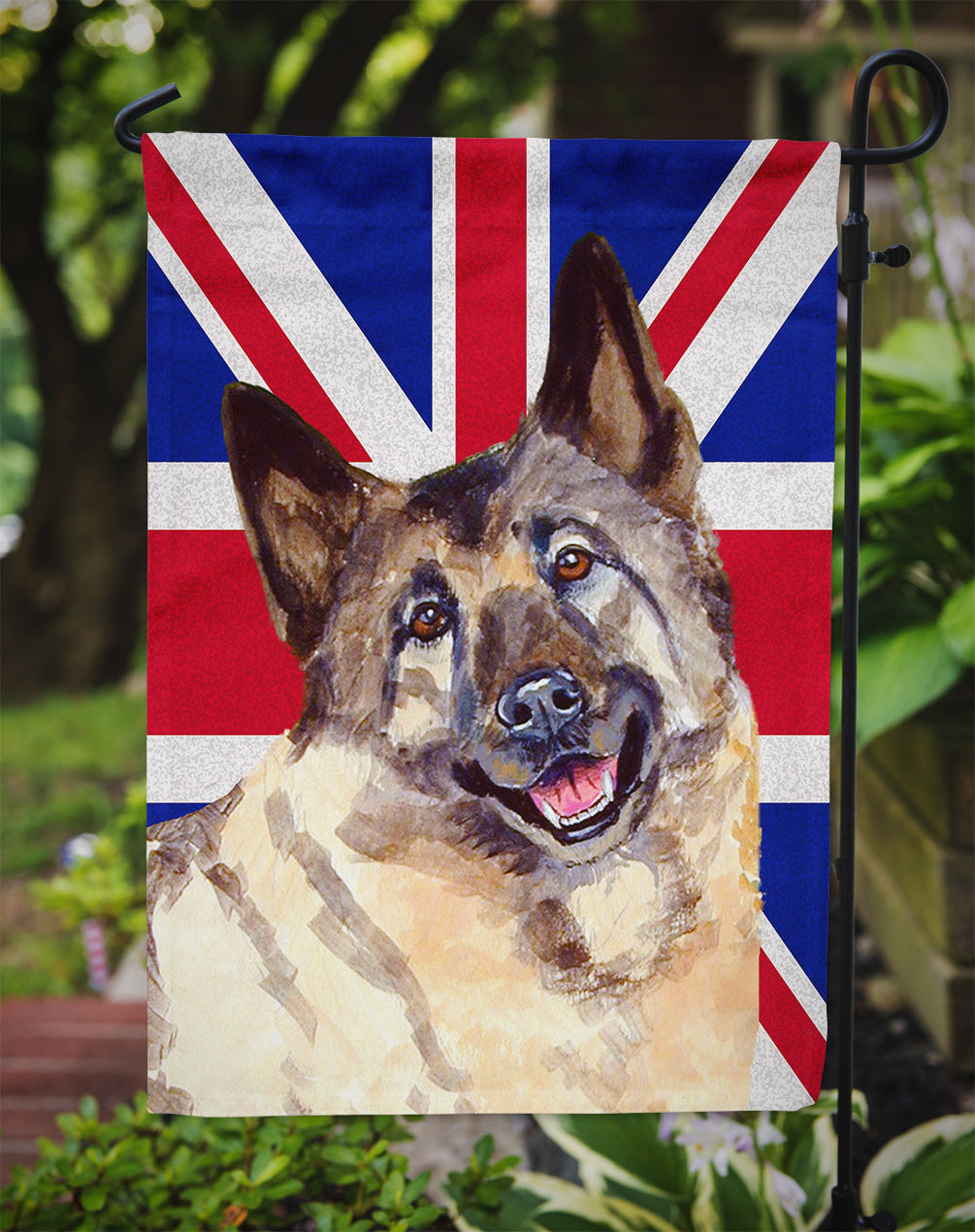 Norwegian Elkhound with English Union Jack British Flag Flag Garden Size