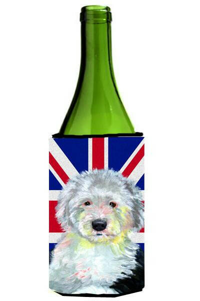 Old English Sheepdog with English Union Jack British Flag Wine Bottle Beverage Insulator Hugger LH9497LITERK by Caroline&#39;s Treasures