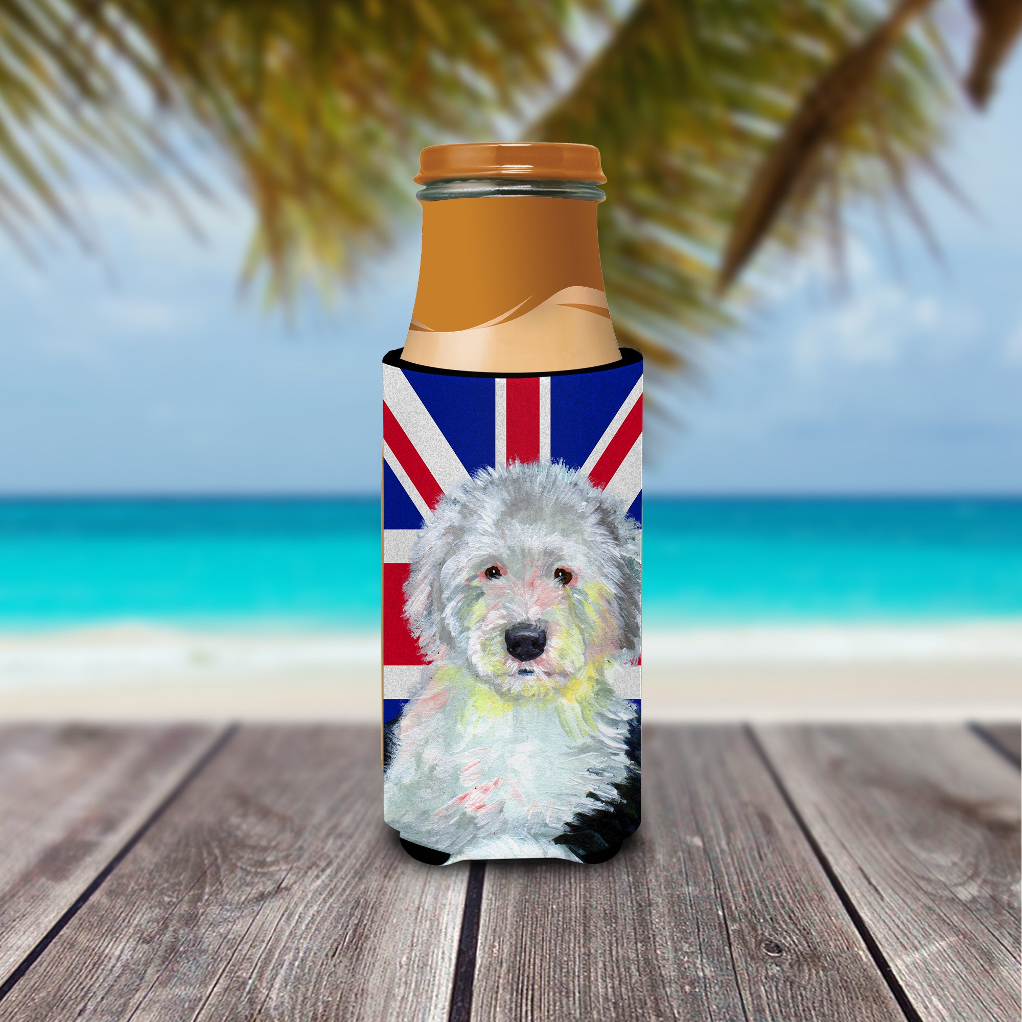 Old English Sheepdog with English Union Jack British Flag Ultra Beverage Insulators for slim cans LH9497MUK.