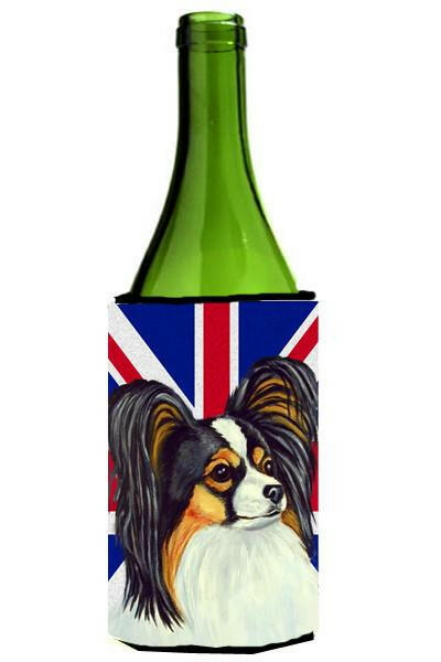 Papillon with English Union Jack British Flag Wine Bottle Beverage Insulator Hugger LH9503LITERK by Caroline&#39;s Treasures