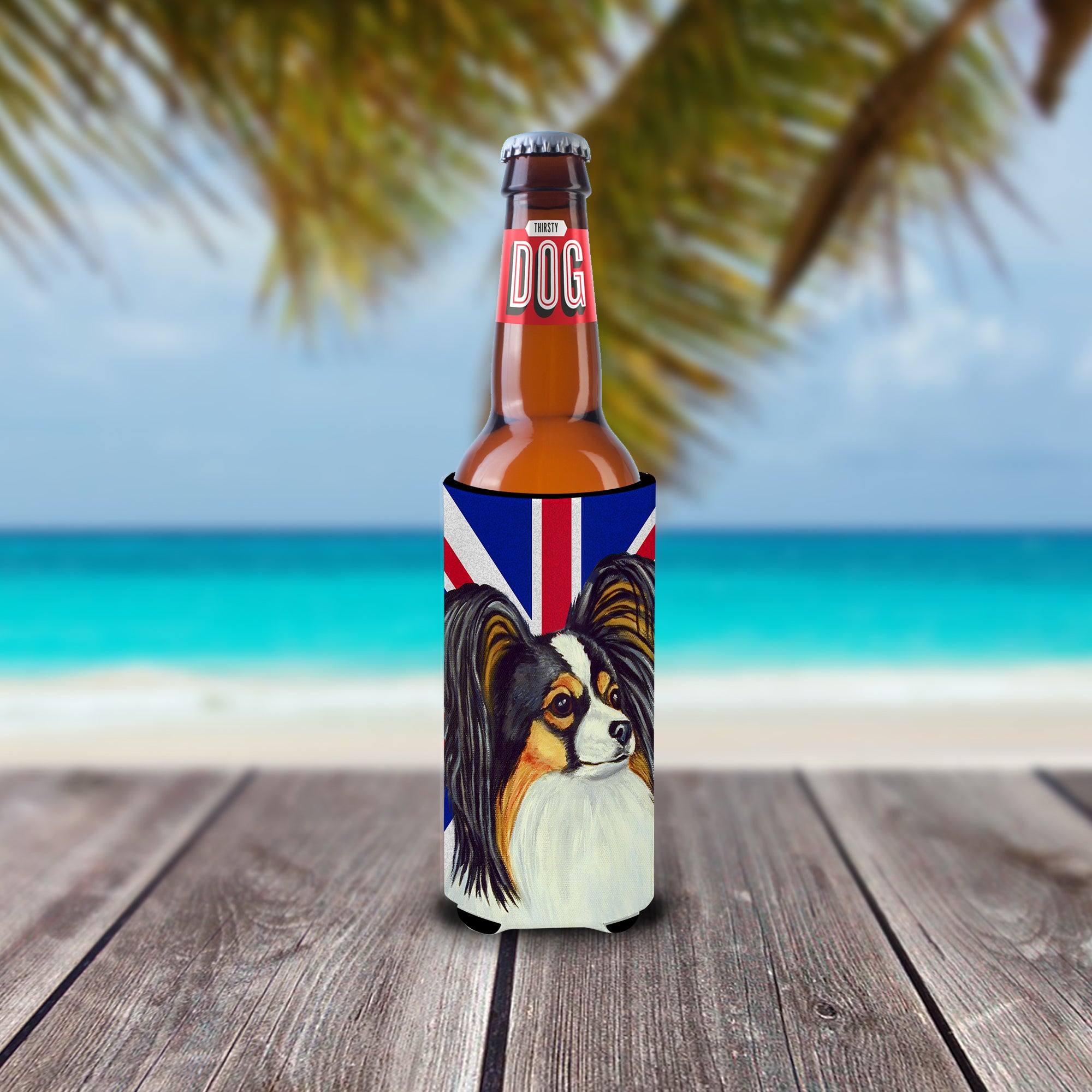 Papillon with English Union Jack British Flag Ultra Beverage Insulators for slim cans LH9503MUK.