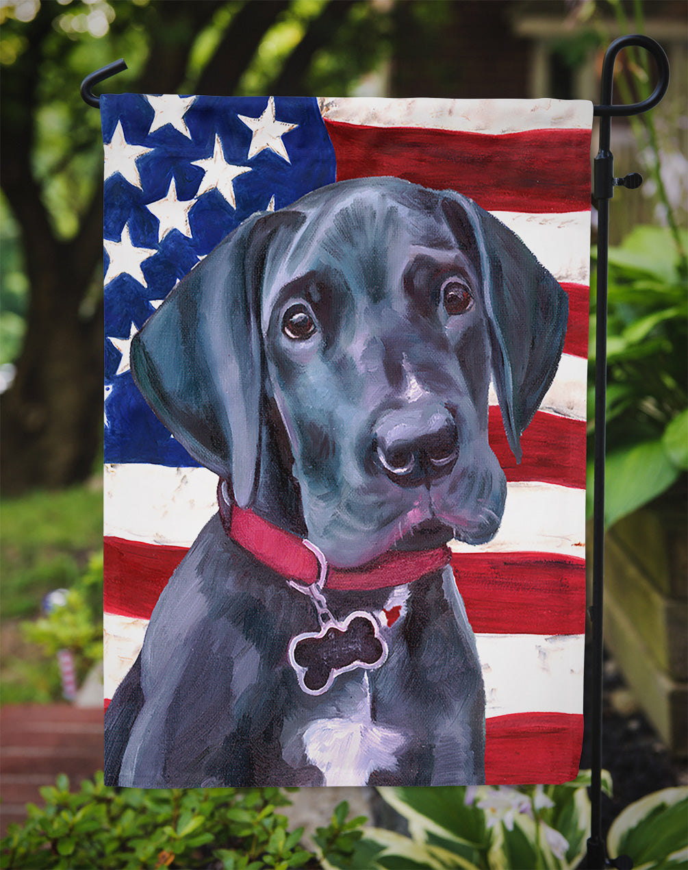 Black Great Dane Puppy USA Patriotic American Flag Flag Garden Size