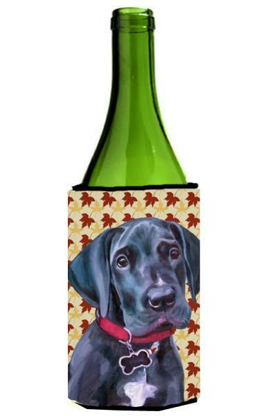Black Great Dane Puppy Fall Leaves Wine Bottle Beverage Insulator Hugger LH9558LITERK by Caroline&#39;s Treasures