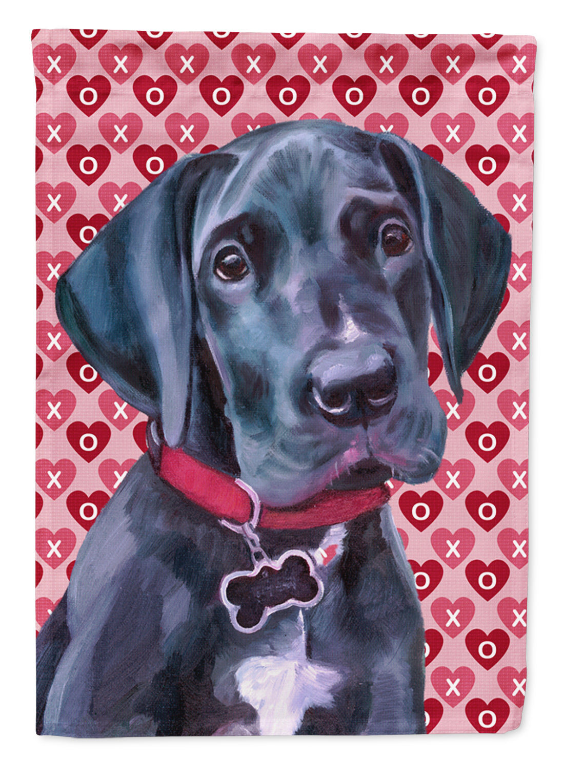 Black Great Dane Puppy Hearts Love and Valentine&#39;s Day Flag Canvas House Size LH9565CHF