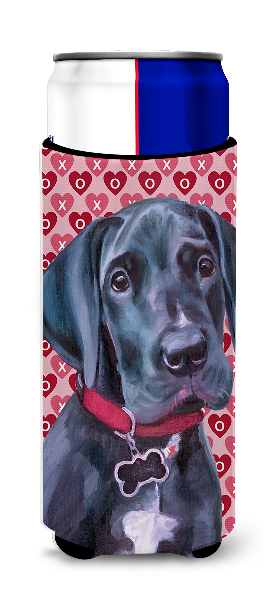 Black Great Dane Puppy Hearts Love and Valentine&#39;s Day Ultra Beverage Insulators for slim cans LH9565MUK