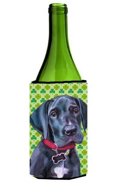 Black Great Dane Puppy St. Patrick&#39;s Day Shamrock Wine Bottle Beverage Insulator Hugger LH9572LITERK by Caroline&#39;s Treasures