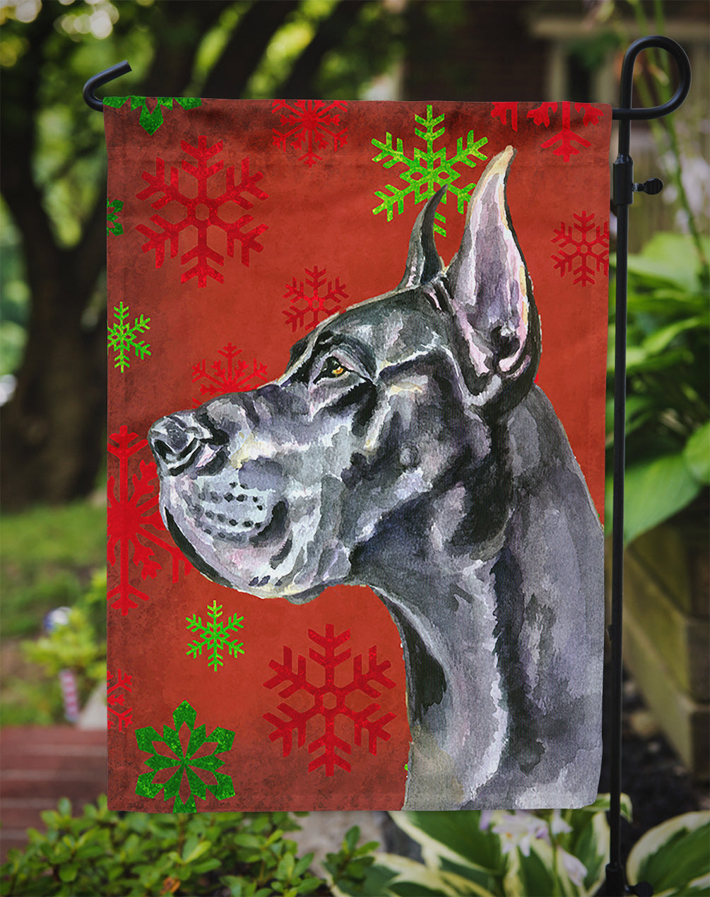Black Great Dane Red Snowflakes Holiday Christmas Flag Garden Size LH9578GF