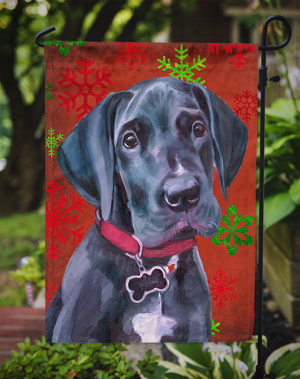 Black Great Dane Puppy Red Snowflakes Holiday Christmas Flag Garden Size LH9579GF  the-store.com.
